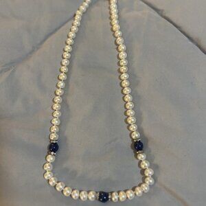 Faux Pearl and Lapis/Jewel Glass Necklace - 19" Long - Preowned - CL